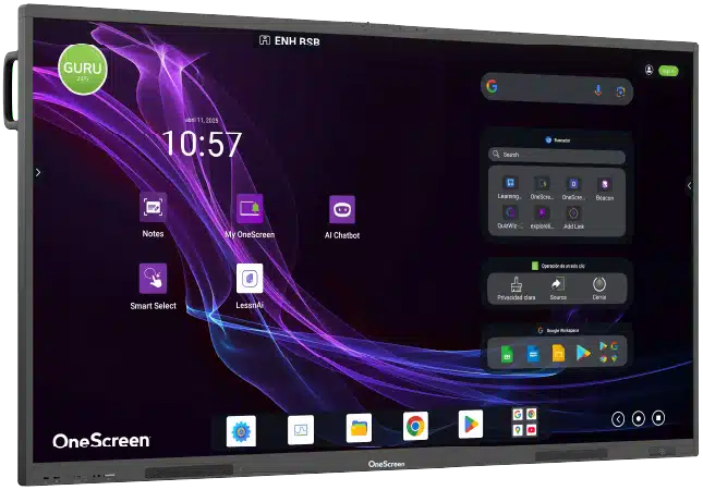 Pantalla interactiva OneScreen T7 con interfaz corporativa y accesos inteligentes