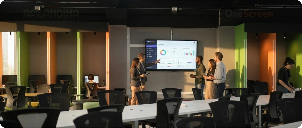 Clase universitaria en Areandina con uso de pantallas interactivas OneScreen para aprendizaje colaborativo